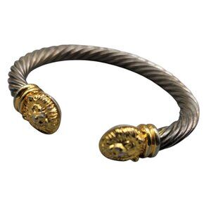 Twisted Cable Open Cuff Bracelet Lion Head End Caps Adjustable Silver/Gold Tone